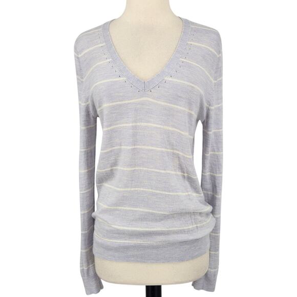 Banana Republic Merino Wool V-Neck Sweater Size Medium – Pastel Stripe Knit - Picture 1 of 10